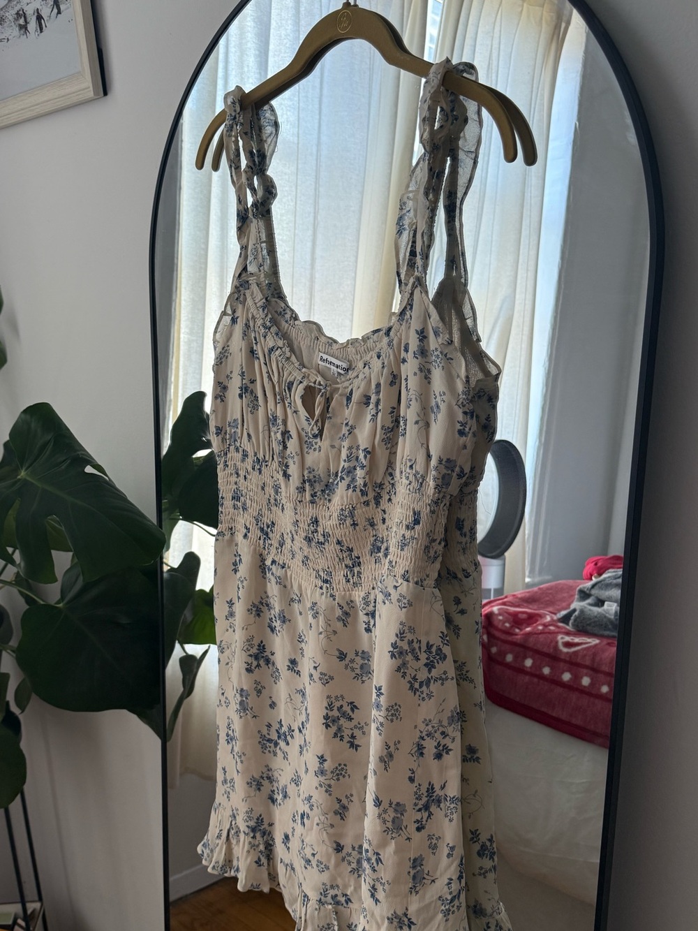 Reformation Floral Smocked Mini Dress - Cream with Blue Floral